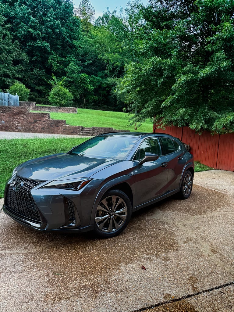 Black Lexus UX compact luxury SUV parked on a driveway with a red shed and green landscaping in the background