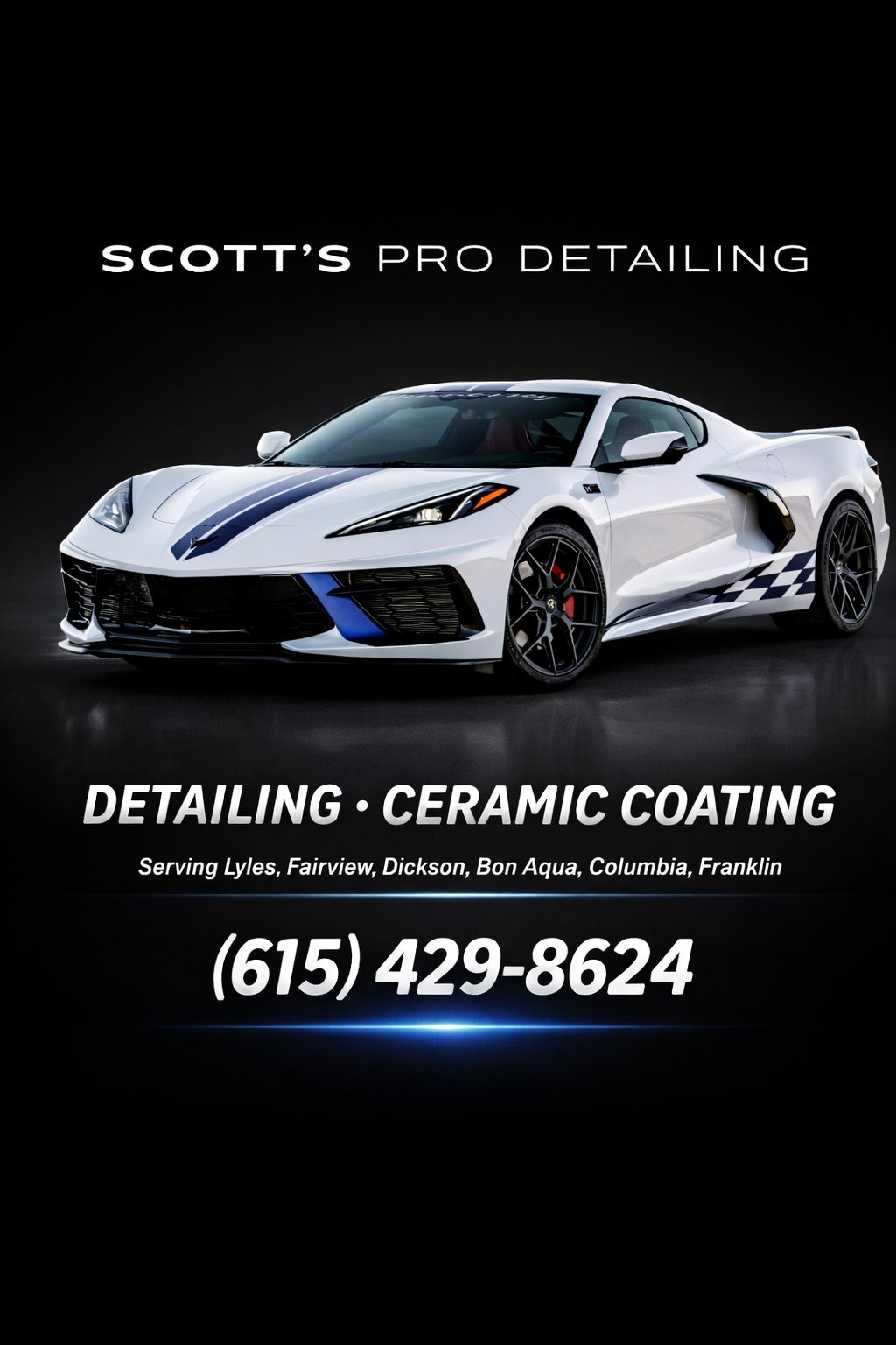 White Corvette sports car with blue racing stripes for Scotts Pro Detailing ceramic coating service