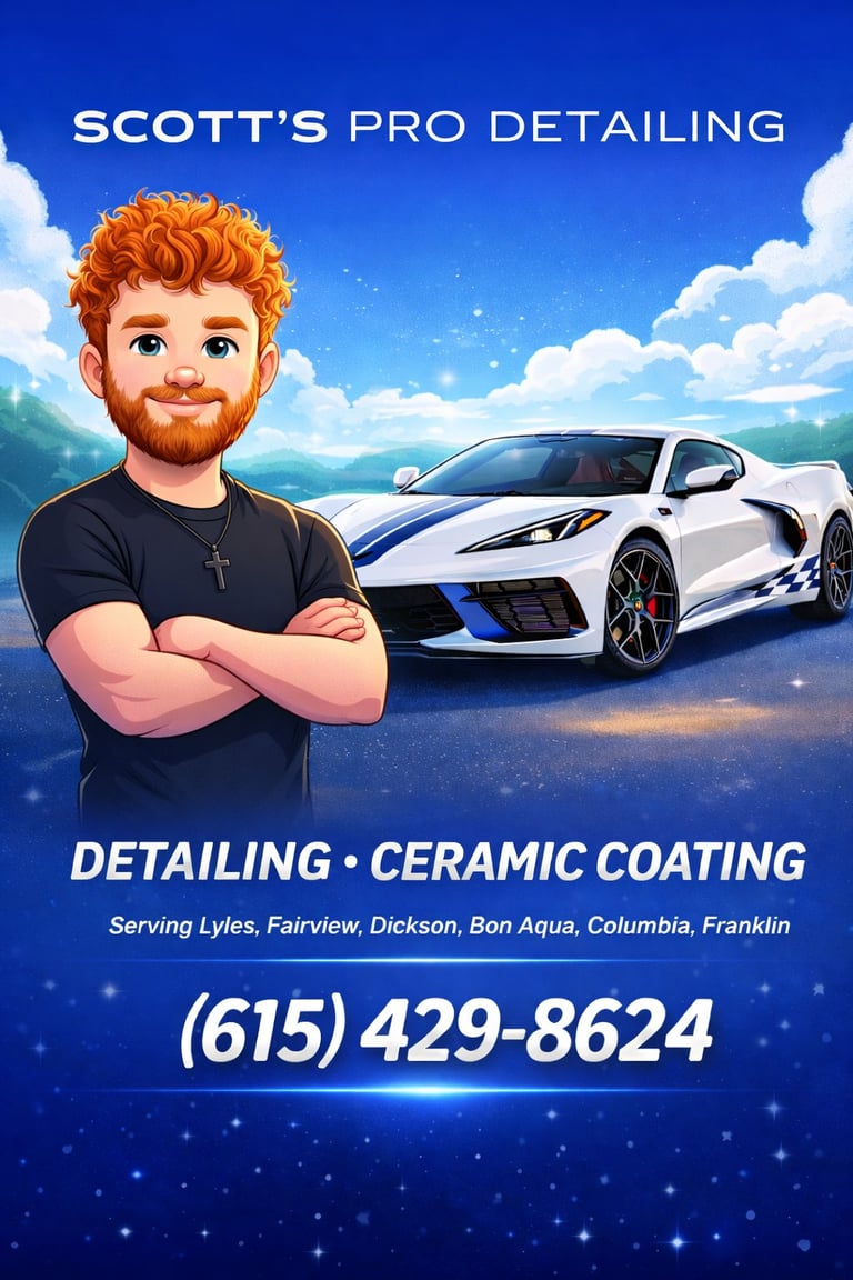 Scotts Pro Detailing advertisement featuring cartoon character with arms crossed next to white sports car